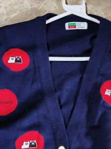 Navy Blue Cardigan with Red Accents