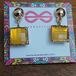 Gold Square Amber Dangle Earrings