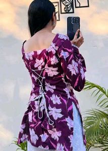 Purple Floral Print Kurta with Lace_S