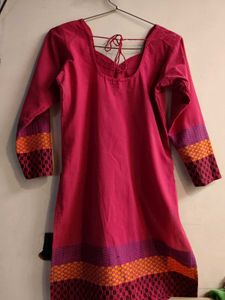 Vibrant Pink Kurta with Patterned Sleeves