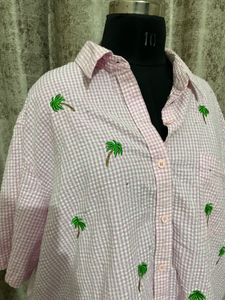 2XL imported  Pink Gingham Palm Tree Shirt