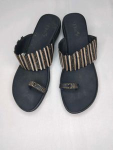 Black Stylish Flats with Golden Design