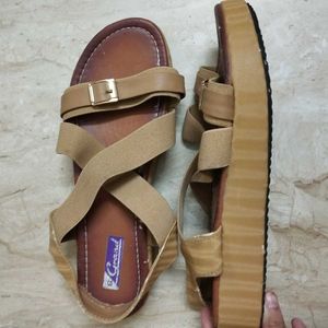 Tan Elastic Strap Platform Sandals