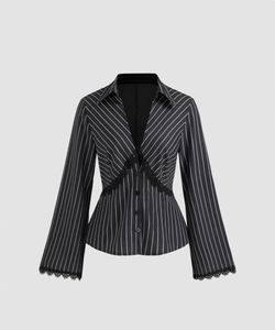 Littlebox Collar Striped Lace Trim Button Shirt