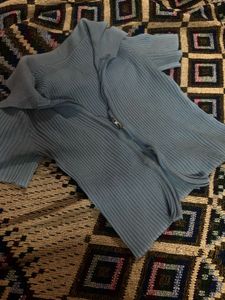 Blue Ribbed Zip-Up Top