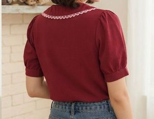 Chic Red Lace Collar Puff Sleeve Top