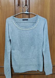 Gray Beaded Neckline Long Sleeve Top