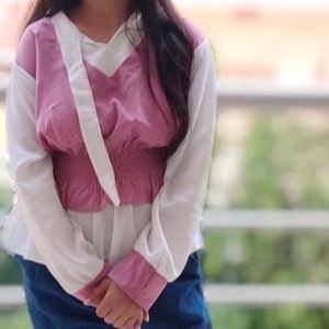 Chic Pink &amp; White Peplum Top with Embellished Jean