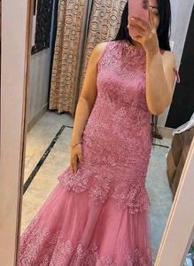 Elegant Pink Lace Evening Gown