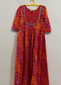 orange pink bandhani print kurta cum gown