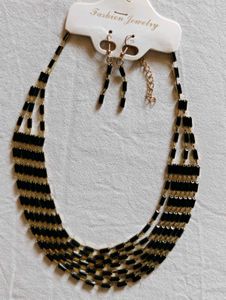 Elegant Black & Gold Necklace & Earrings Set