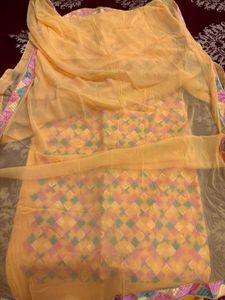 Embroidered Yellow Kurta Set Material with Dupatta