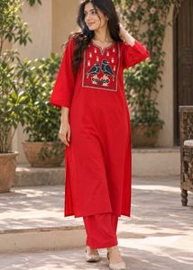 Vibrant Red Kurta Set with Bird Embroidery