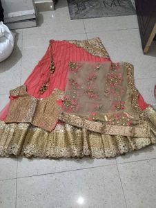 Stunning Coral &amp; Gold Embroidered Lehenga