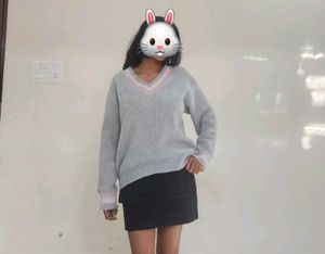 Light Green V-Neck Knit Sweater with Pink Trim