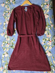 Burgundy woolen Belted Dress with Pockets