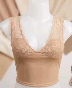 SHEIN Nude Beige Floral Lace Trim V-Neck Bralette