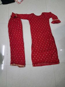 Red Kurta Set with Golden Print