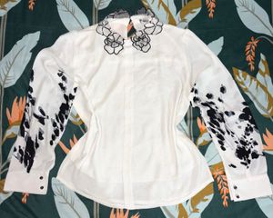 White Collared Shirt with Floral Sleeves