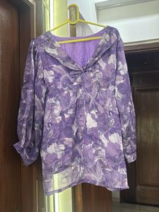 Purple Floral Print Puff Sleeve Top