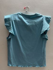 Zara Blue Ribbed Ruffle Sleeve Top