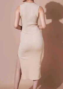 Elegant Beige Bodycon Midi Dress
