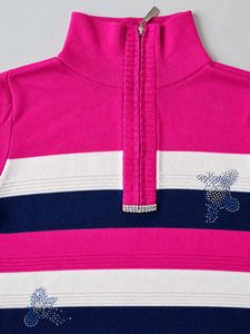 Chic Pink Striped Zip-Neck Sweater