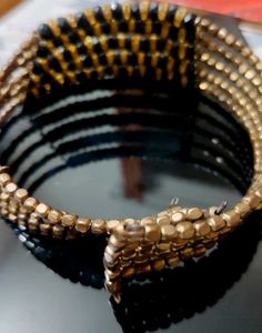 Chic Black &amp; Gold Beaded Coil Bracelet