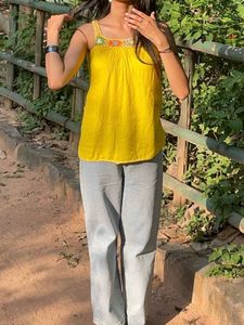 Vibrant Yellow Crochet Trim Tank Top