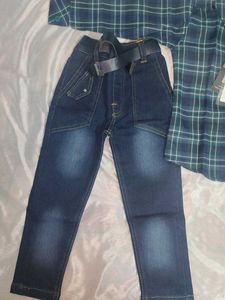 Boys Plaid Shirt and Denim Jeans Set with belt