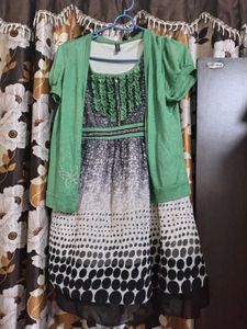 Chic Green Cardigan with Polka Dot Dress