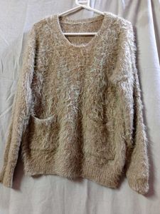 Cozy Chic Furry Beige Winter Top with Pockets