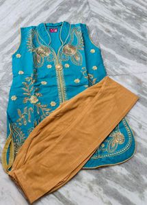 Beautiful Teal Kurta Set with Gold Embroidery