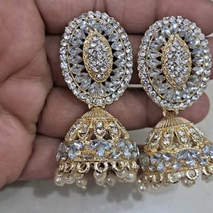 New Party Wear White Stone Jhumkhas