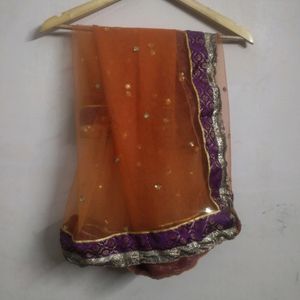 Orange Net Dupatta With Brocade Purple Border