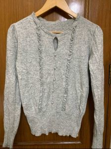 Grey Ruffle Trim Cardigan