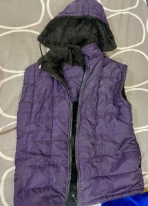 Purple Puffer Vest with Faux Fur