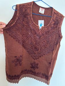 Embroidered Brown Sleeveless Kurta Top