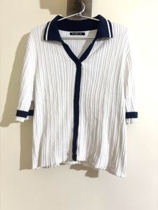 Classic White Ribbed Polo Top