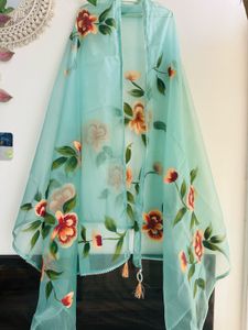 Teal Blue Handpainted Floral Anarkali pant set