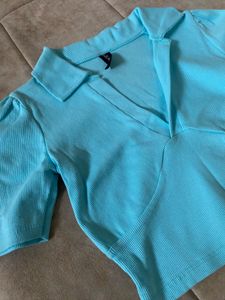 Blue Collared Cropped korean Top