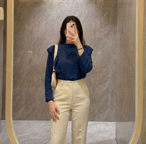 Chic Navy Ruffle Long Sleeve Top