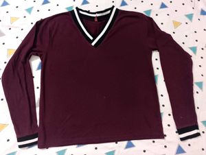Maroon V-Neck Striped Trim Top