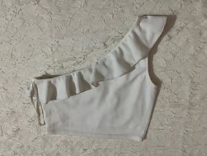 Cute White One-Shoulder Ruffle Crop Top