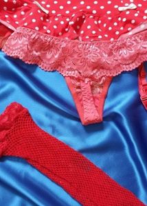 Red Polka Dot Bustier &amp; Thong, fishnet stockings