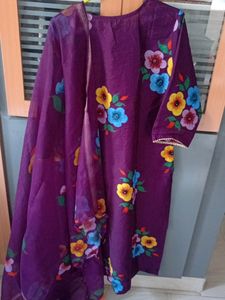Purple Cotton Blend Kurta Suit Set