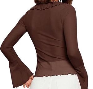 Sheer Brown V neck Ruffle Tie-Front Top