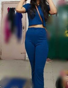 Blue Ribbed Crop Top & Pants Set