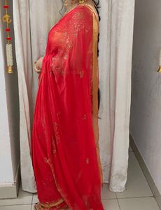 Vibrant Red Embroidered Saree