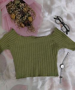 Green Ribbed Off-Shoulder Top